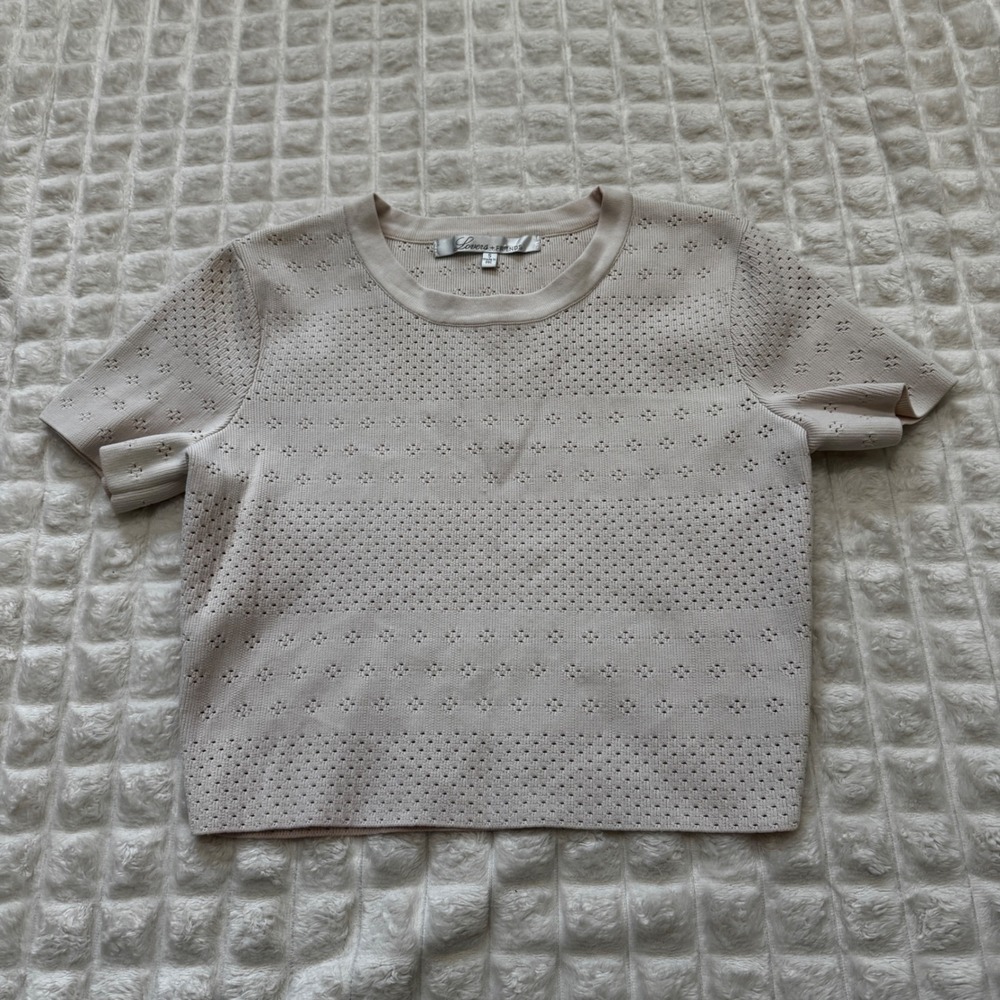 Lovers + Friends Small Cream Crop Top Pointelle Knit Fitted Stretch Short Sleeve